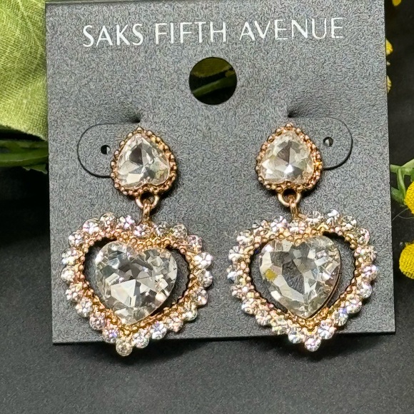 Elegant Saks Fifth Avenue Heart Crystal Post With Drop Crystal Heart Earrings - Picture 2 of 5